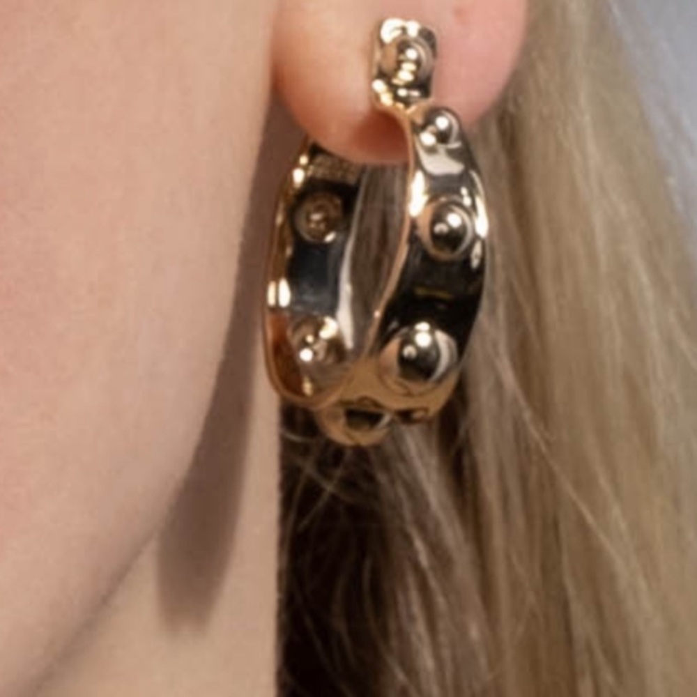 ALEXIS BITTAR• Gold Byzantine Sculpted Raised Repoussé Molten Dots Hoop Earrings - Picture 2 of 13